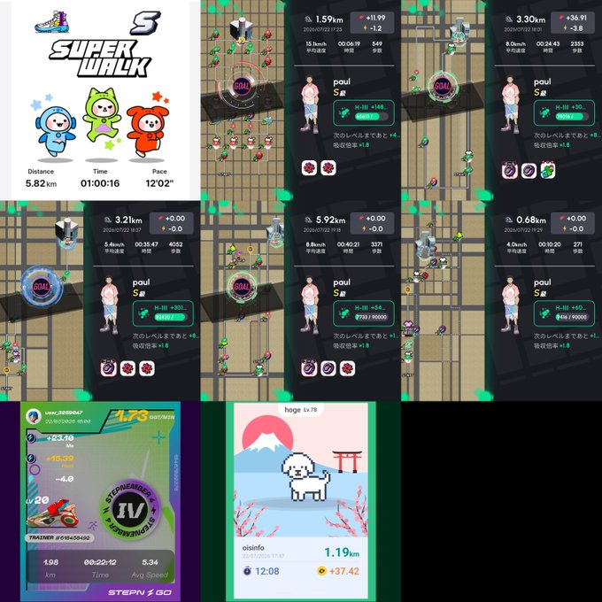 Collage of 'Super Walk' mobile game screenshots showing step-tracking gameplay with distance, pace, and GOAL metrics alongside Japanese UI text and character avatars including a doge character.