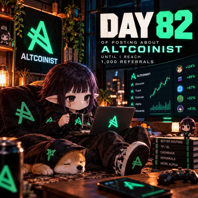 An anime-style illustration promoting 'Day 82 of posting about ALTCOINIST until I reach 1,000 referrals,' featuring an elf-like character with a laptop, a dog, and stats showing +124%, +89%, +67%, +52%, and +41% referrals, along with features like better routing, TP/SL, cashback, referrals, and more alpha.