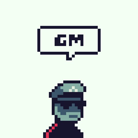 Pixel art of a caped character with a speech bubble saying 'GM' (good morning).