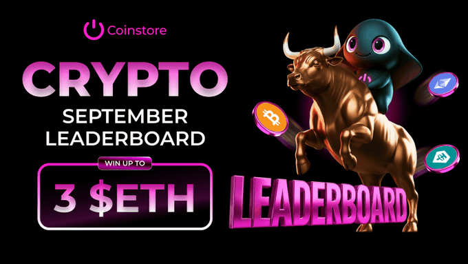 A promotional graphic for 'Coinstore' advertising a 'CRYPTO SEPTEMBER LEADERBOARD' competition to win up to 3 $ETH, featuring a golden bull and crypto coin characters.
