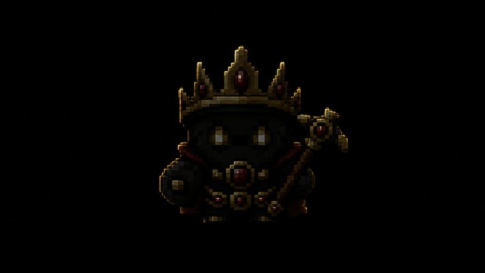 A dark pixel art sprite of a small crowned character (resembling a King from The Binding of Isaac) holding a scepter, set against a black background.