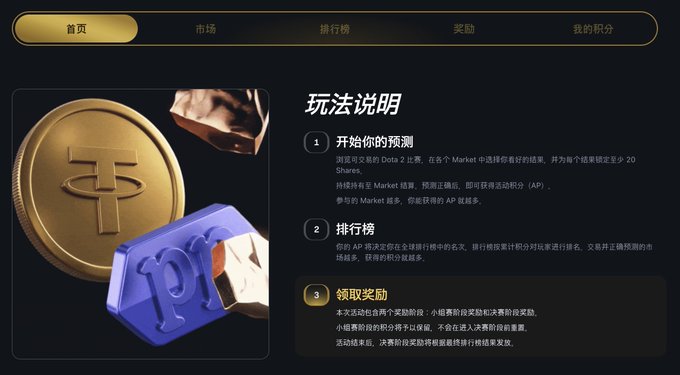 A Chinese-language webpage explaining how to play a prediction market game called '玩法说明' with sections on starting predictions, rankings, and claiming rewards, alongside images of a gold 'Tether (USDT)' coin and a blue bar.
