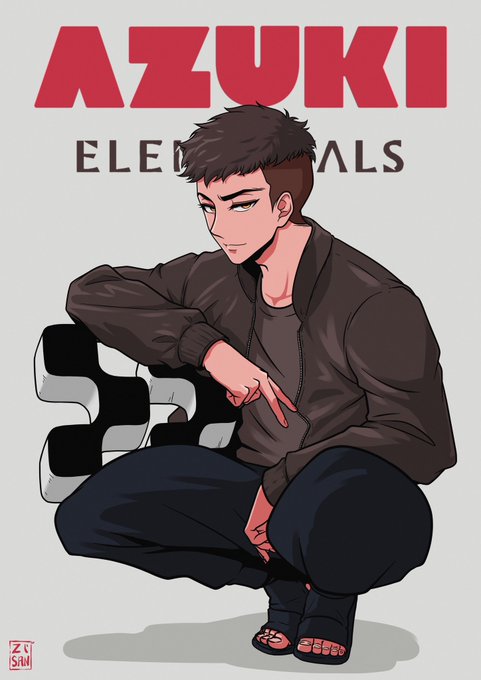 A stylized digital illustration shows a young man with dark hair in an undercut, wearing a black bomber jacket and dark pants, squatting while pointing downward, set against a background reading "AZUKI ELEMENTS" in bold red and dark lettering, with an "azuki sin" artist signature in the corner—fittingly reflecting the post's reflective tone of appreciation and personal growth, as Azuki is a creative-driven NFT brand.