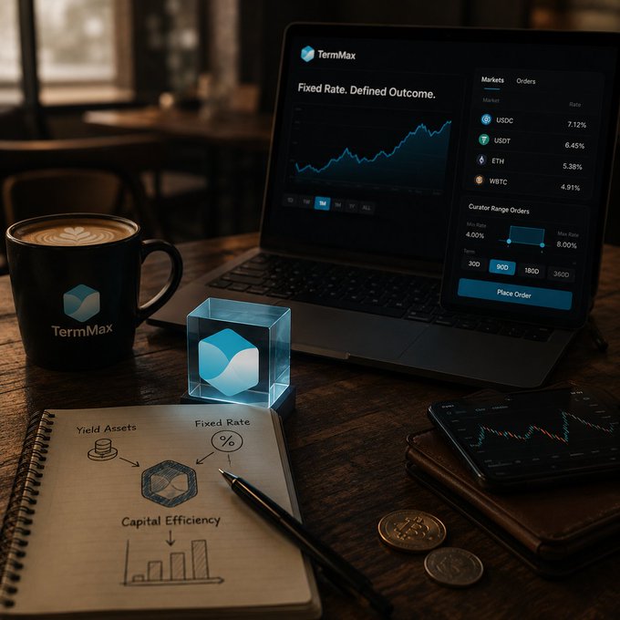 A TermMax promotional image showing a laptop displaying 'Fixed Rate. Defined Outcome.' with cryptocurrency markets (USDC 7.12%, USDT 6.45%, ETH 5.38%, WBTC 4.91%) and a curator range order interface, alongside a branded coffee mug, a glowing cube with the TermMax logo, and a notebook with sketches about yield assets and capital efficiency.