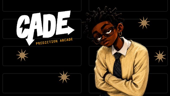 A promotional graphic for 'CADE PREDICTION ARCADE' featuring an illustrated character with dark hair, glasses, and a yellow sweater against a dark background with starburst designs.