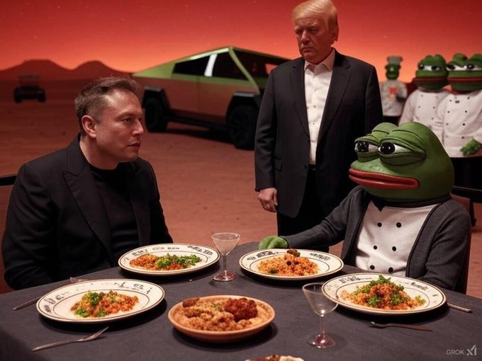 An AI-generated Grok image depicts Elon Musk and Donald Trump sitting at a dinner table with a Pepe the Frog character in a tuxedo, with a Cybertruck visible in the Martian landscape background.