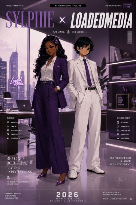 A stylized fashion magazine cover titled 'SYLPHIE x LOADEDMEDIA FASHION BOARD - VOL. 03' featuring two anime-styled characters, one in a purple suit and another in a white suit, with text including 'TWO MINDS, ONE VISION' and '2026'.