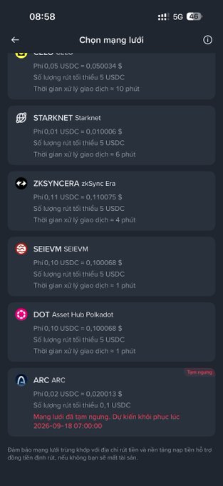 A mobile app screenshot in Vietnamese titled 'Chọn mạng lưới' showing cryptocurrency network options including STARKNET (Starknet), ZKSYNCERA (zkSync Era), SEIEVM (SEIEVM), DOT (Asset Hub Polkadot), and ARC (ARC) with their respective fees in USDC.