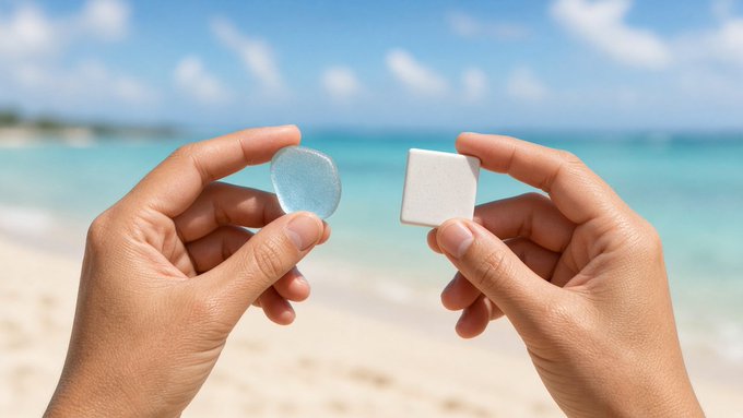 Two hands hold a round blue sea glass piece and a square white tile up against a blurred tropical beach background with turquoise water and blue sky.