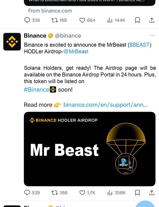 The image shows a tweet from Binance announcing a MrBeast ($BEAST) HODLer Airdrop, stating the airdrop page will be available on the Binance Airdrop Portal within 24 hours and the token will be listed on Binance soon, with 539 comments, 366 retweets, and 1.7K likes.

The image relates to the accompanying post by providing the official-looking Binance announcement that lends credibility to the $BEAST presale promotion, though this is actually a scam exploiting MrBeast's name.