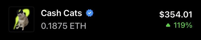 Cash Cats is shown priced at 0.1875 ETH ($354.01), up 119%, highlighting the buyer's confirmation of their position on the cats and teased next move toward the "frongs."