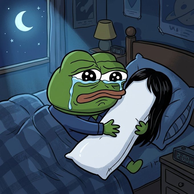 A cartoon illustration of a sad Pepe the Frog character crying in bed while hugging a pillow at 2:00 AM under a crescent moon.