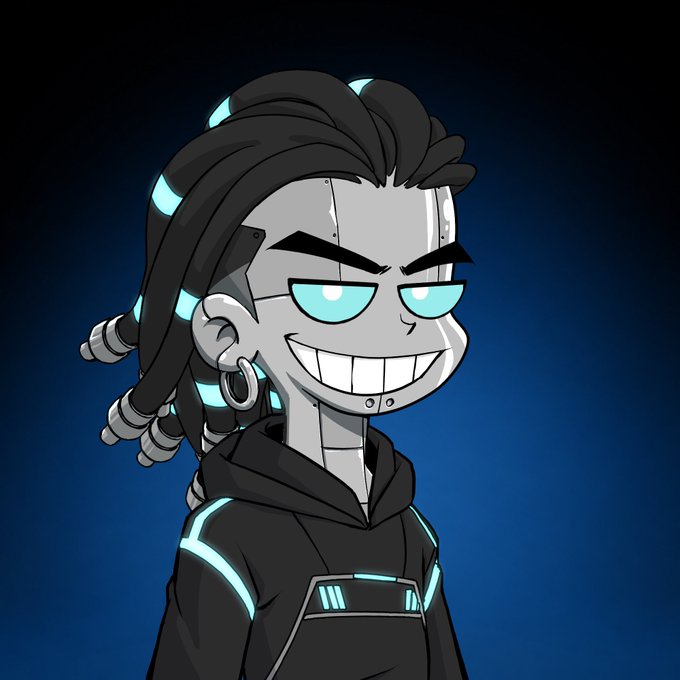 A cartoonish cyborg character with glowing cyan accents, a smug grin, and dreadlocks styled with metallic rings grins against a dark blue background, fitting the "Tech Bro" NFT theme with his futuristic, bro-ish aesthetic.