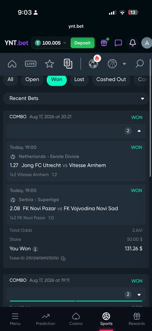 A screenshot of the YNT.bet sports betting platform showing a combo bet slip dated August 17, 2026, with two winning picks—FC Utrecht vs Vitesse Arnhem (1.27 odds) and FK Novi Pazar vs FK Vojvodina Novi Sad (2.08 odds)—yielding a $131.26 payout on a $50 stake. The post uses this winning betslip as promotional proof to encourage others to register via the referral link and join a betting group.