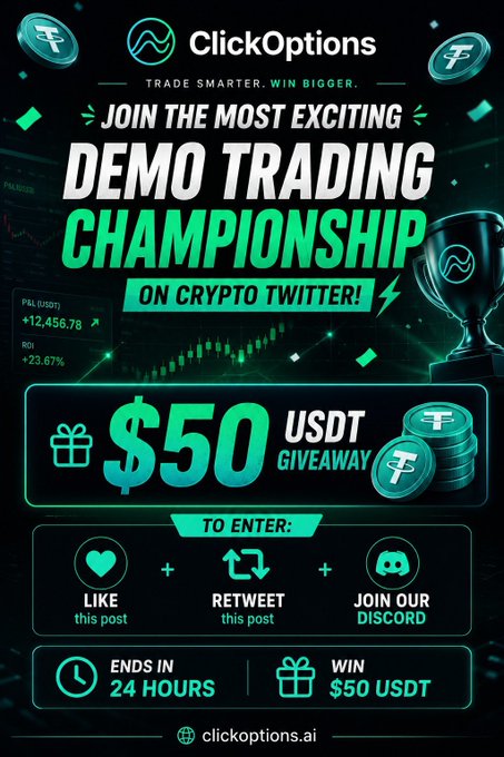 Promotional graphic for ClickOptions advertising a "Demo Trading Championship on Crypto Twitter" with a $50 USDT giveaway, featuring entry instructions (Like, Retweet, Join Discord) and a 24-hour countdown, matching the accompanying tweet's call to action.