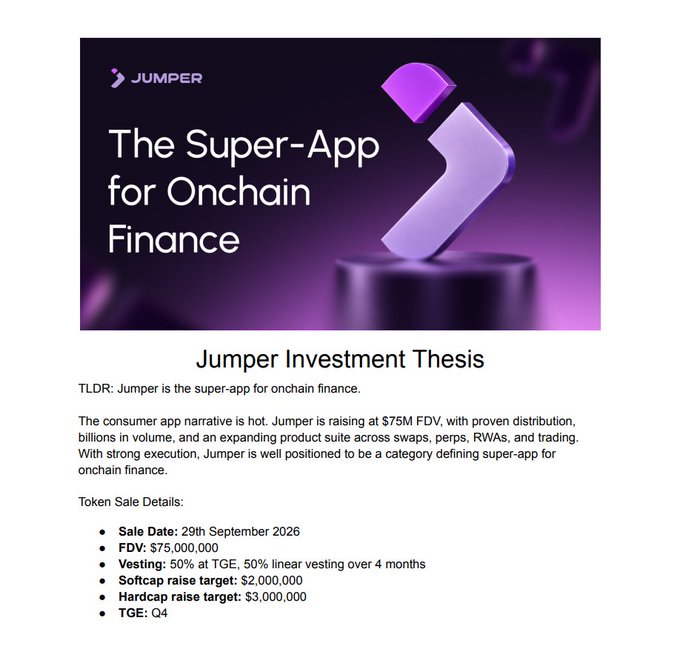 Investment thesis for Jumper, 'The Super-App for Onchain Finance,' detailing a $75M FDV token sale on 29th September 2026 with 50% TGE vesting and a $3M hardcap.