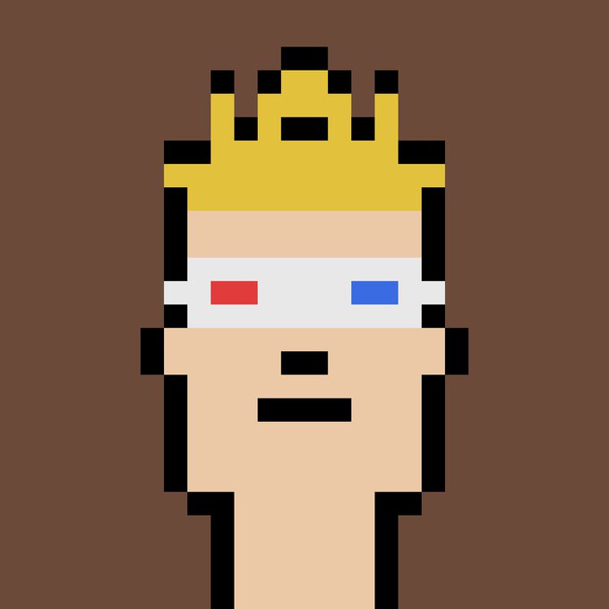 Pixel art character with a yellow crown, 3D glasses with red and blue lenses, on a brown background.