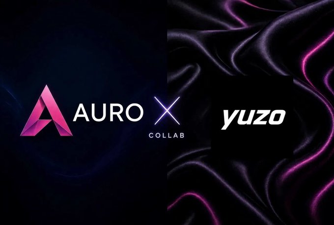 A promotional graphic showing a collaboration between 'AURO' and 'yuzo' with their logos on a dark background with pink and purple flowing designs.