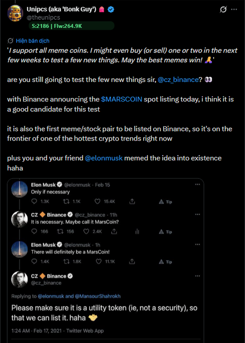 Unipcs ("Bonk Guy") publicly tags CZ on X to suggest $MARSCOIN—Binance's newly listed Mars-themed meme coin—for his promised "new thing" test, citing it as the first meme/stock pair on Binance, and references the 2021 Elon Musk "There will definitely be a MarsCoin!" tweet where CZ replied that it should be a utility token so Binance could list it.