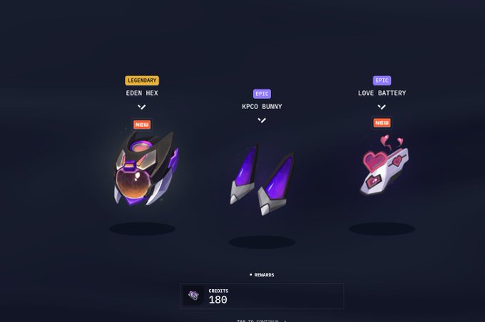 A gaming rewards screen displaying three items: a 'LEGENDARY' Eden Hex helmet, 'NEW' KPCO Bunny ears, and an 'EPIC' Love Battery heart accessory, costing 180 credits.