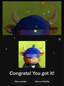 A digital achievement screen displaying a cartoon bull character wearing a blue cap and sunglasses, with confetti and the text 'Congrats! You got it!' along with 'View receipt' and 'View on Profile' buttons.