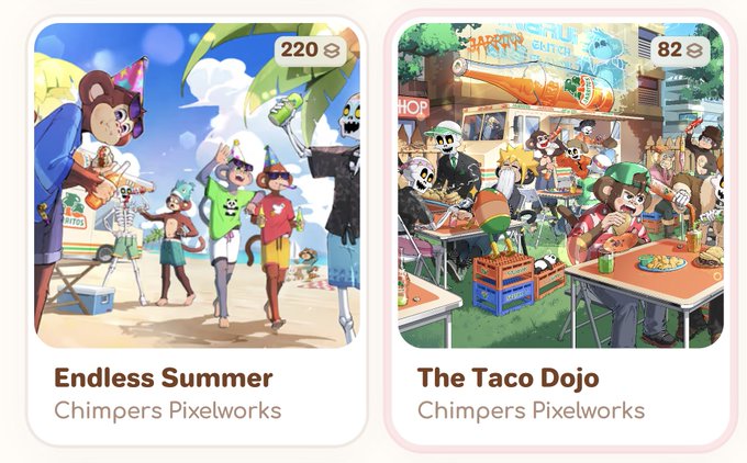 The image shows two artworks posted on a website called "Collectors Pixels Works" with the text "Endless Summer The Taco Dojo". One of the artworks is a cartoon illustration depicting people at an outdoor party, while the other artwork features a scene from a restaurant. Both artworks have been added to the collector's card and are currently in the process of being airdropped to collectors who completed the required card combinations.