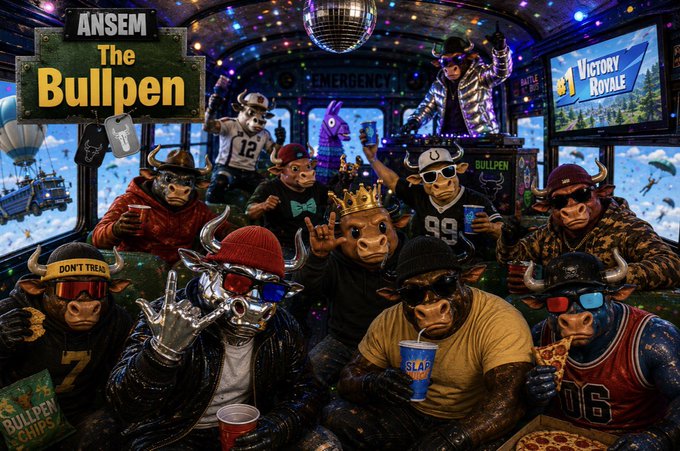 A colorful digital artwork titled 'ANSEM The Bullpen' features a group of anthropomorphic bulls wearing sunglasses, hats, and casual clothes, with a '#1 Victory Royale' screen and a disco ball in the background.
