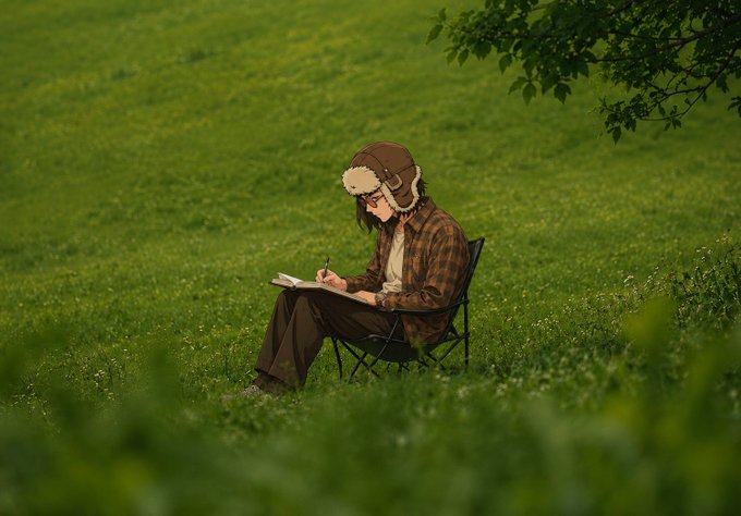 A figure wearing a plaid jacket and aviator hat sits in a folding chair in a lush green meadow, peacefully writing in a notebook. The tranquil, contemplative scene of someone jotting down thoughts in nature complements the post's serene Sunday greeting, while the act of "watching and taking notes" echoes the message to "keep watching" and not fade on $KNOTS.