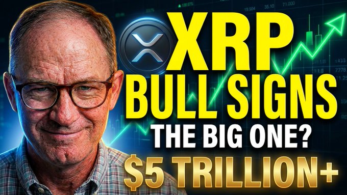 A thumbnail for a YouTube video featuring a smiling older man with glasses alongside XRP (XRP) cryptocurrency graphics, bold yellow text reading "XRP BULL SIGNS," "THE BIG ONE?," and "$5 TRILLION+," designed to promote a video about upcoming bullish indicators for XRP.