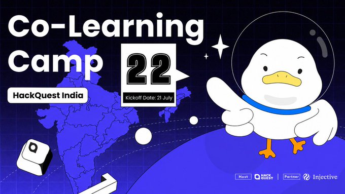 A promotional graphic for 'Co-Learning Camp 22' by HackQuest India, with a kickoff date of 21 July, hosted by HackQuest and partnered with Injective, featuring a cartoon duck mascot on a blue globe.