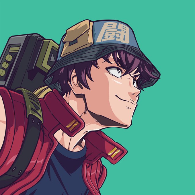 An anime-style illustration of a young man with dark hair wearing a blue and yellow bucket hat with Japanese characters '闘', smiling confidently against a teal background.