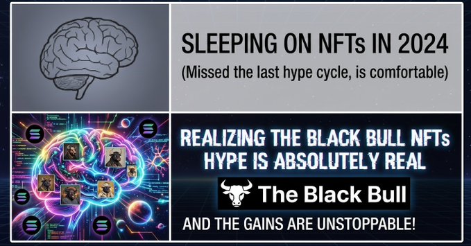 A four-panel meme: top-left shows a brain, top-right reads 'SLEEPING ON NFTs IN 2024 (Missed the last hype cycle, is comfortable)', bottom-left shows a glowing brain with digital art, and bottom-right reads 'REALIZING THE BLACK BULL NFTs HYPE IS ABSOLUTELY REAL - The Black Bull - AND THE GAINS ARE UNSTOPPABLE!'