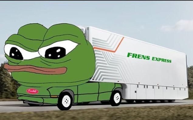 Animated image of a truck with the face of the Pepe the Frog meme on its front, labeled 'FRENS EXPRESS'.
