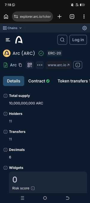 Mobile browser screenshot of the explorer.arc.io token page for Arc (ARC), an ERC-20 token, showing total supply of 10,000,000,000 ARC, 11 holders, and 11 transfers.