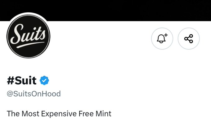 A social media profile for '#Suit @SuitsOnHood' with the description 'The Most Expensive Free Mint' and a notification and share icons.
