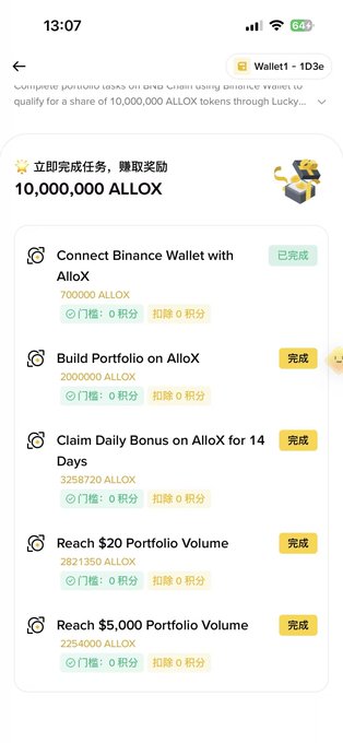 Mobile screenshot showing an AlloX task completion screen with a 10,000,000 ALLOX token reward offer and completed tasks including connecting Binance wallet, building portfolio, claiming daily bonus, and reaching portfolio volume milestones.