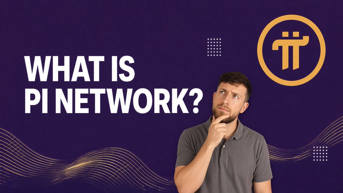 A promotional graphic asks 'WHAT IS PI NETWORK?' alongside the Pi Network logo, featuring a thoughtful-looking man in a gray polo shirt against a purple background.