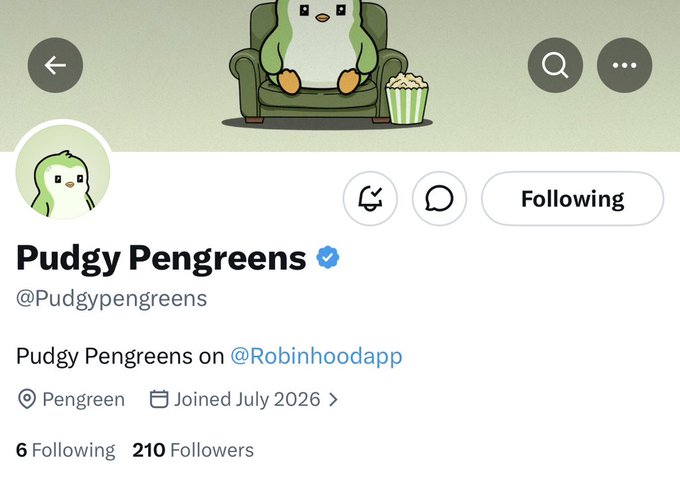 Twitter/X profile for 'Pudgy Pengreens' (@Pudgypengreens) showing 210 followers, with a banner featuring a cartoon penguin sitting in an armchair next to popcorn.