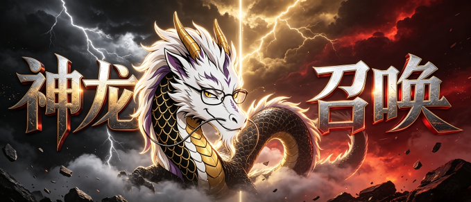 A fantasy digital artwork featuring a white dragon with glasses, golden horns, and a serpentine body, set against a stormy red sky with lightning, flanked by Chinese characters "神龙" (Divine Dragon) and "召唤" (Summon).