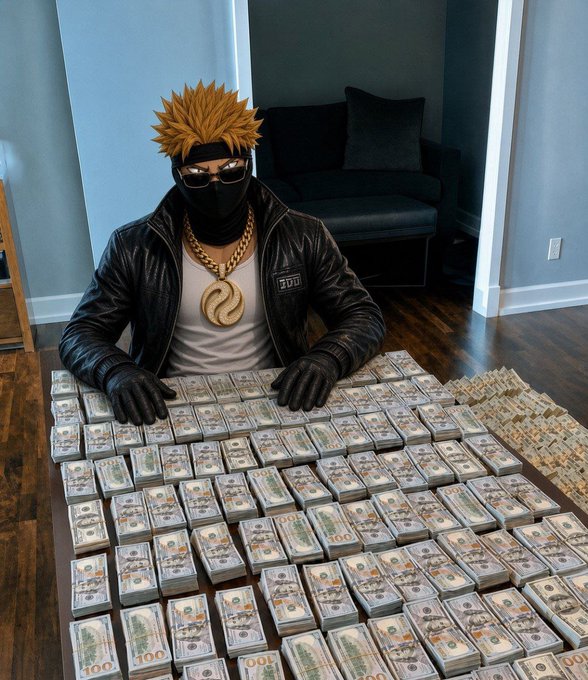 A character with spiky orange hair, wearing a black leather jacket, mask, and a large gold chain, sits behind a table covered in stacks of hundred-dollar bills.