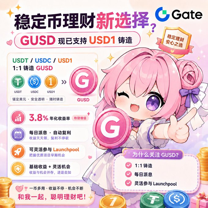 A pink-themed Chinese promotional poster for Gate exchange features an anime-style girl and advertises GUSD stablecoin, with text including '稳定币理财新选择', '3.8% 年化收益率', and 'USDT / USDC / USD1 1:1 铸造 GUSD'.
