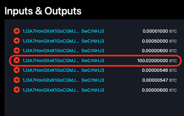 A cryptocurrency transaction history labeled 'Inputs & Outputs' showing multiple BTC transfers between addresses, with one transaction circled in red indicating 100.02000000 BTC.