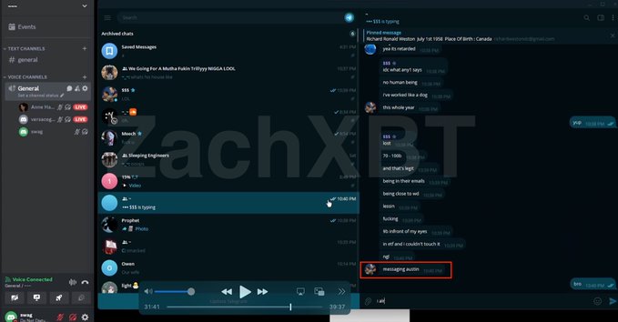 This image shows a Discord chat where someone is "messaging austin" with the username "Richard Ronald Weston". The provided post states this is Austin Fine, who allegedly laundered stolen crypto for Malone Lam and other threat actors.