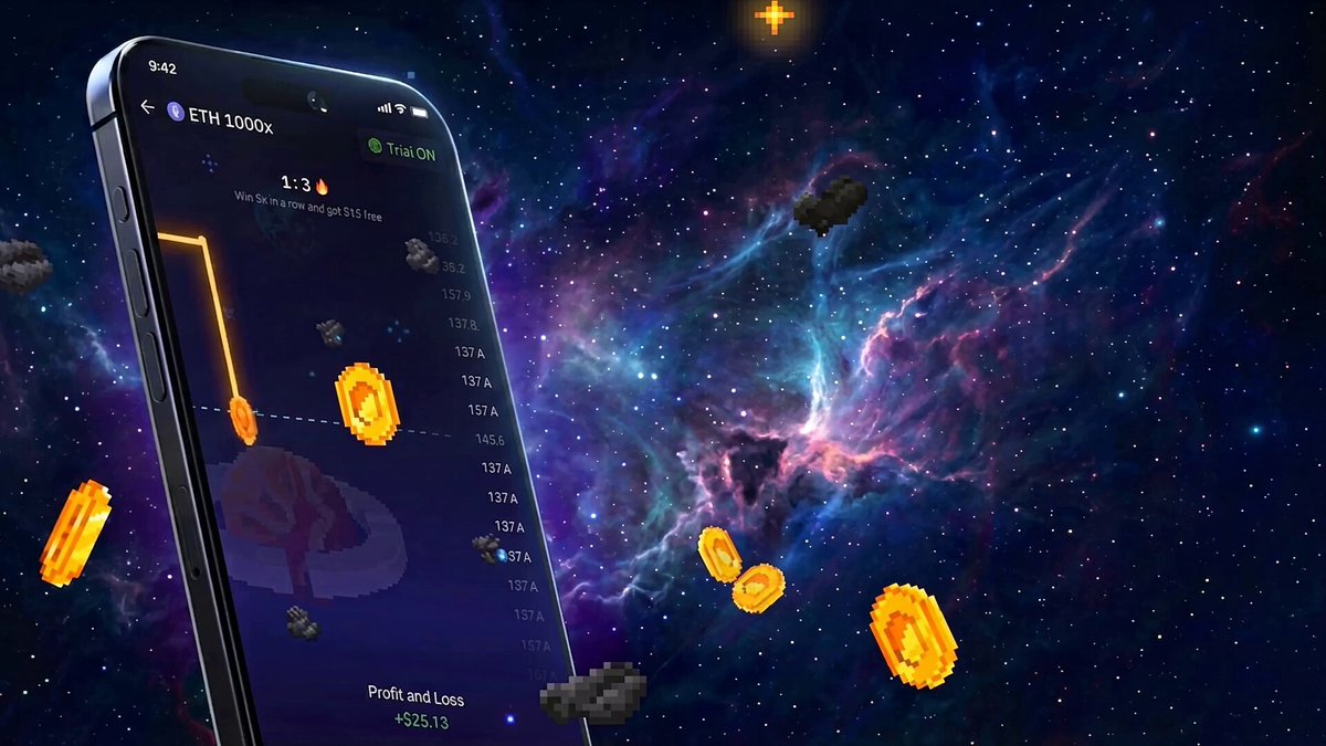 The image displays a cell phone with a virtual reality game, floating in outer space surrounded by stars and various planets such as Earth, Mars, and Jupiter. The phone has an app that seems to be related to the Bitcoin or crypto market. It appears that the user's wallet is being bought back by an unknown cryptocurrency, causing a significant increase in its value over the past few days. This situation indicates a successful coin mining operation or participation in an ICO (Initial Coin Offering).