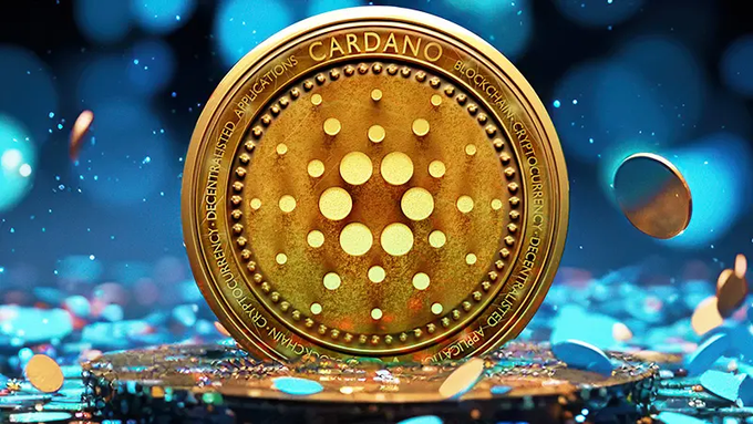 A golden Cardano cryptocurrency coin featuring the 'CARDANO' name and 'BLOCKCHAINING' text displayed prominently against a dark blue background with floating coins.