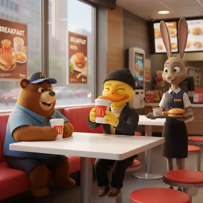 The image depicts a scene at a McDonald's restaurant with three cartoon characters - a bear, a duck, and a rabbit - sitting around a table enjoying their meal. The bear is holding a cup of coffee while the other two characters are eating sandwiches. A woman in a uniform stands behind them, likely taking orders or serving food to customers. The post about GM CT I just woke up thinking about how @TheARCTERMINAL is changing the relationship between users and AI, which could be related to the image as it shows a McDonald's employee interacting with cartoon characters during their mealtime experience.