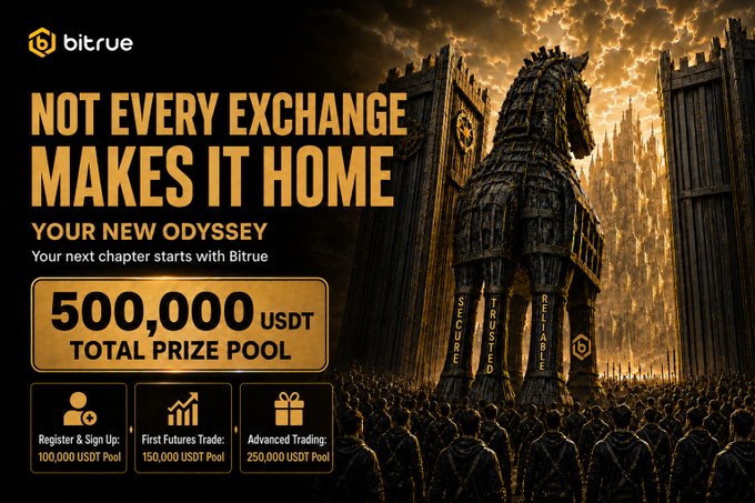 The promotional image from Bitrue features a dramatic Trojan horse scene with crowds of soldiers, advertising a 500,000 USDT prize pool for migrating users, including 100,000 USDT for registering and signing up. The image's messaging reinforces the post's announcement that Bitrue is offering BitMart users exclusive migration rewards to begin their new crypto journey.