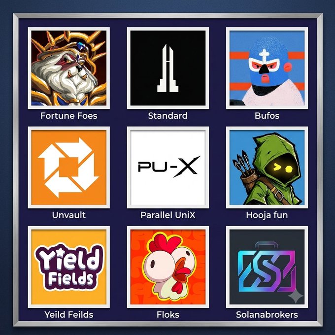 A grid displaying nine cryptocurrency project logos with labels including Fortune Foes, Standard, Bufos, Unvault, Parallel UniX, Hooja fun, Yeild Feilds, Floks, and Solanabrokers.