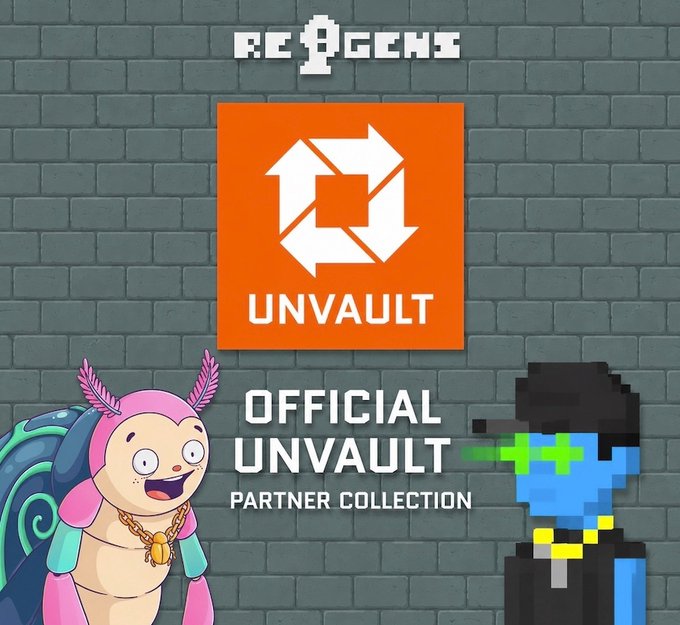 Promotional graphic for the Re9Gems 'OFFICIAL UNVAULT PARTNER COLLECTION,' featuring an orange UNVAULT logo on a brick wall with a pink axolotl-masked character and a blue pixelated character.