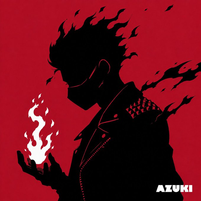 A stylized black silhouette illustration of a character holding white flames in their hand against a red background, with the name 'AZUKI' in the bottom right corner.